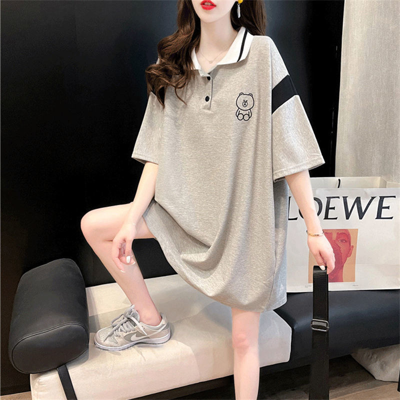 Fat mm2-300 catties short-sleeved t-shirt women's summer Korean version loose large size mid-length lapel polo shirt tide