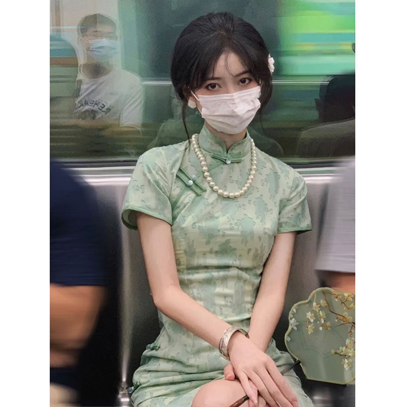 旗袍民國風大小姐氣質改良長款素雅少女綠色雪紡2023年夏新款民國