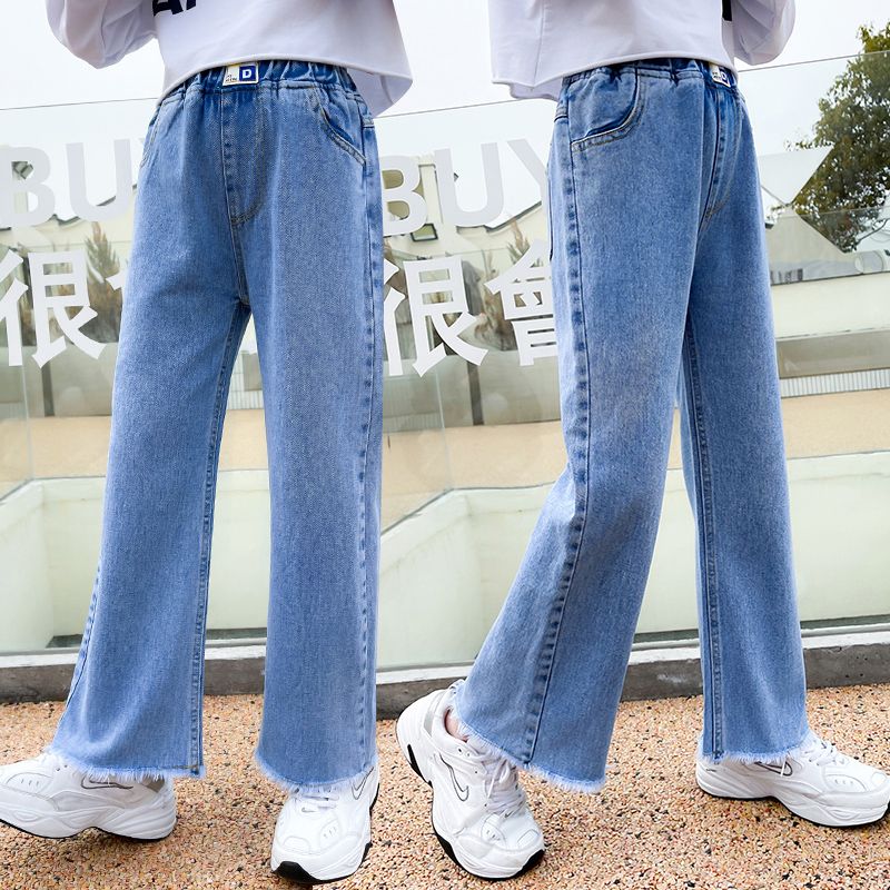 女童褲子春秋款外穿2023新款秋裝洋氣中大童闊腿褲春裝兒童牛仔褲