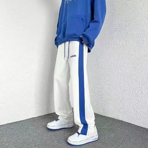 克萊因藍褲子男設計感小眾藍白條紋運動褲oversize直筒校服褲衛褲