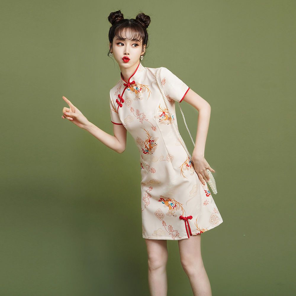 Bone erosion cheongsam improved dress 2023 new summer short style small modern young girl Chinese style