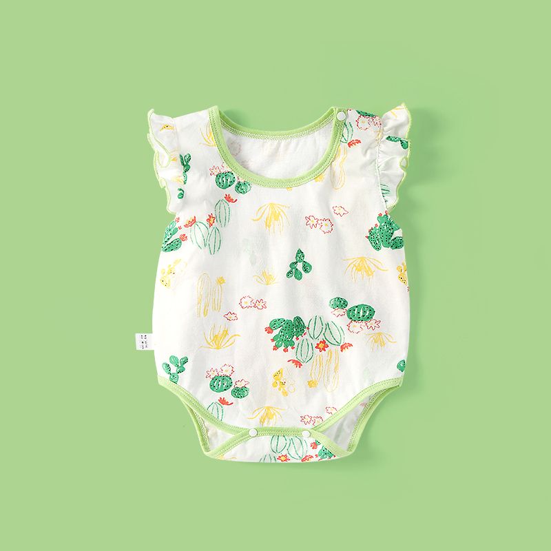 Summer clothes 0-3 years old female treasure short sleeved fart wrapped clothes butterfly sleeves printed cute crawling clothes infant one-piece Khaki pajamas