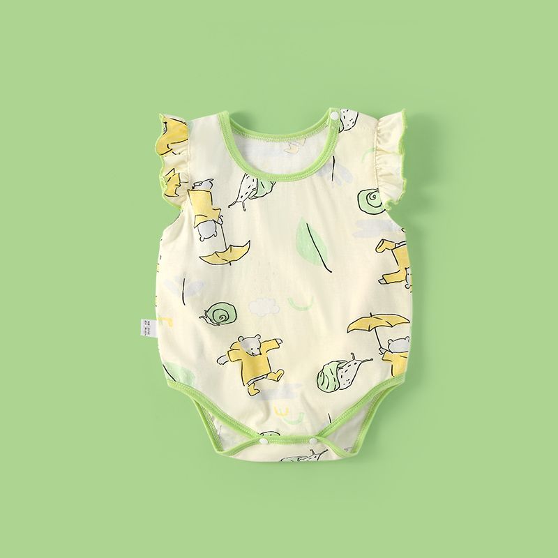 Summer clothes 0-3 years old female treasure short sleeved fart wrapped clothes butterfly sleeves printed cute crawling clothes infant one-piece Khaki pajamas