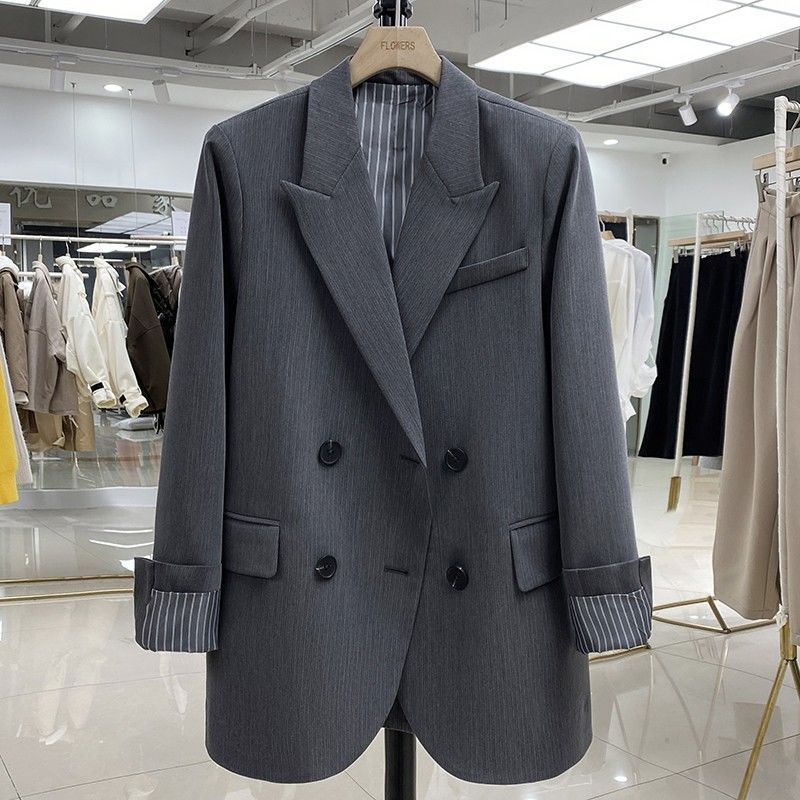 Gray suit jacket women's  spring new double-breasted casual all-match design trendy temperament suit