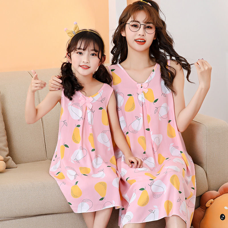 Girls' nightdress pure cotton silk thin section children's parent-child mother's dress little girl pleated princess dress home pajamas