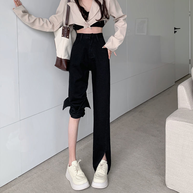 梨形身材顯瘦褲子女大碼春裝黑色牛仔褲胖mm微喇叭高腰開叉直筒褲