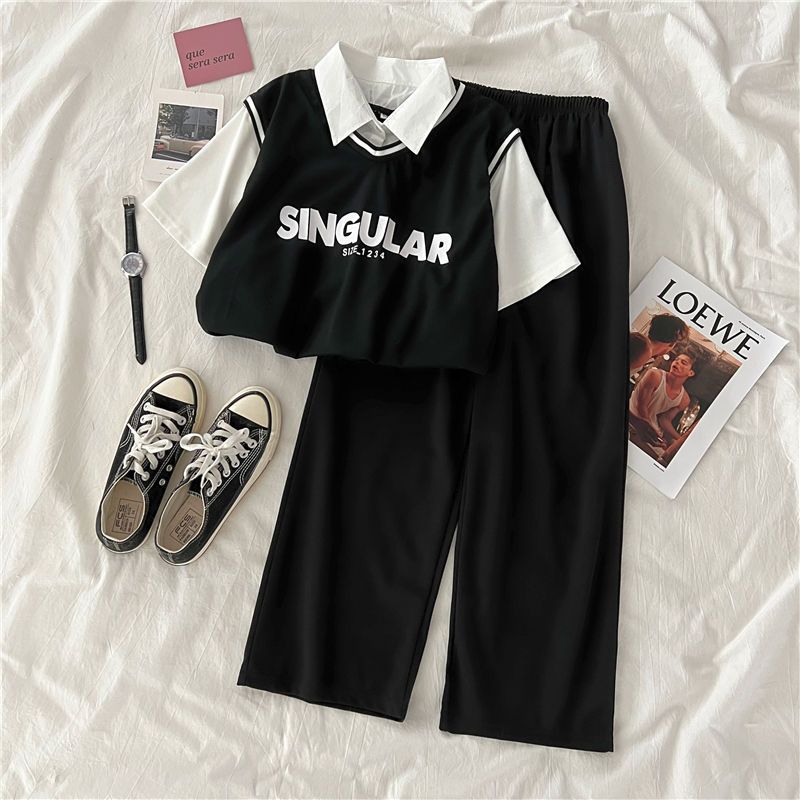 Summer new female student two piece set Korean loose five sleeve T-shirt polo collar top college style suit fashion