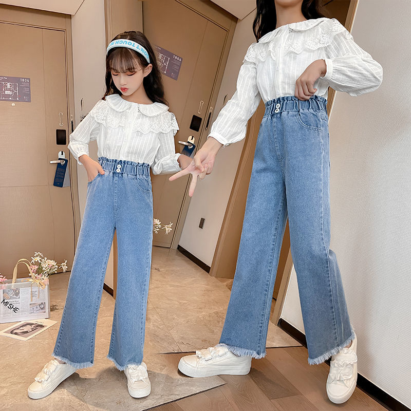 女童牛仔褲春秋洋氣女孩春季直筒闊腿褲大童時髦長褲春裝兒童褲子
