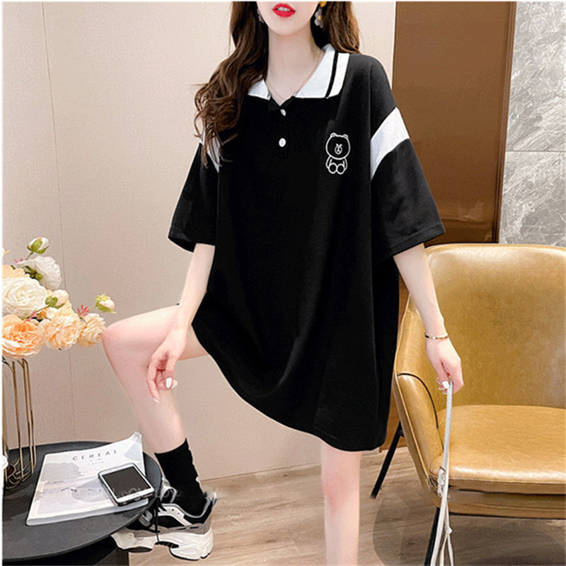Fat mm2-300 catties short-sleeved t-shirt women's summer Korean version loose large size mid-length lapel polo shirt tide