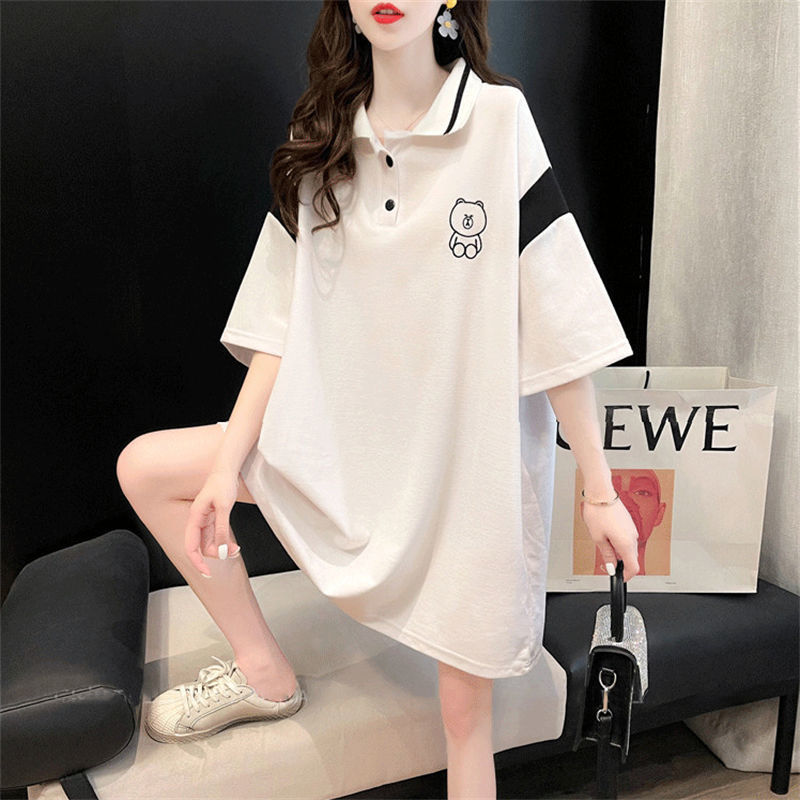 Fat mm2-300 catties short-sleeved t-shirt women's summer Korean version loose large size mid-length lapel polo shirt tide