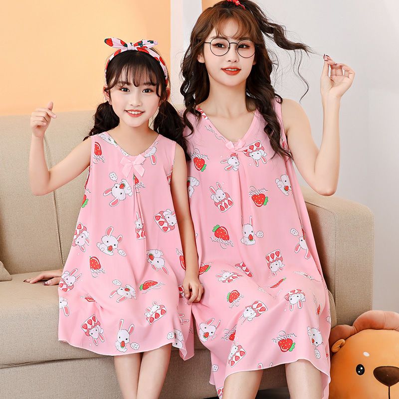 Girls' nightdress pure cotton silk thin section children's parent-child mother's dress little girl pleated princess dress home pajamas