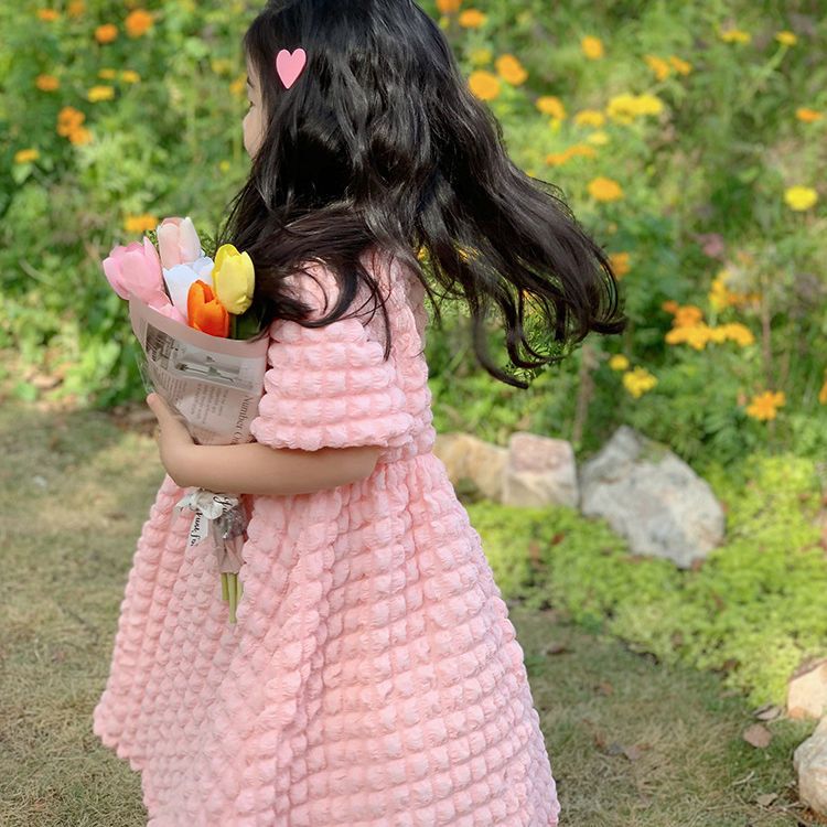 Fashionable girls pink puff sleeve princess dress summer foreign style little girl short-sleeved dress net red children's skirt