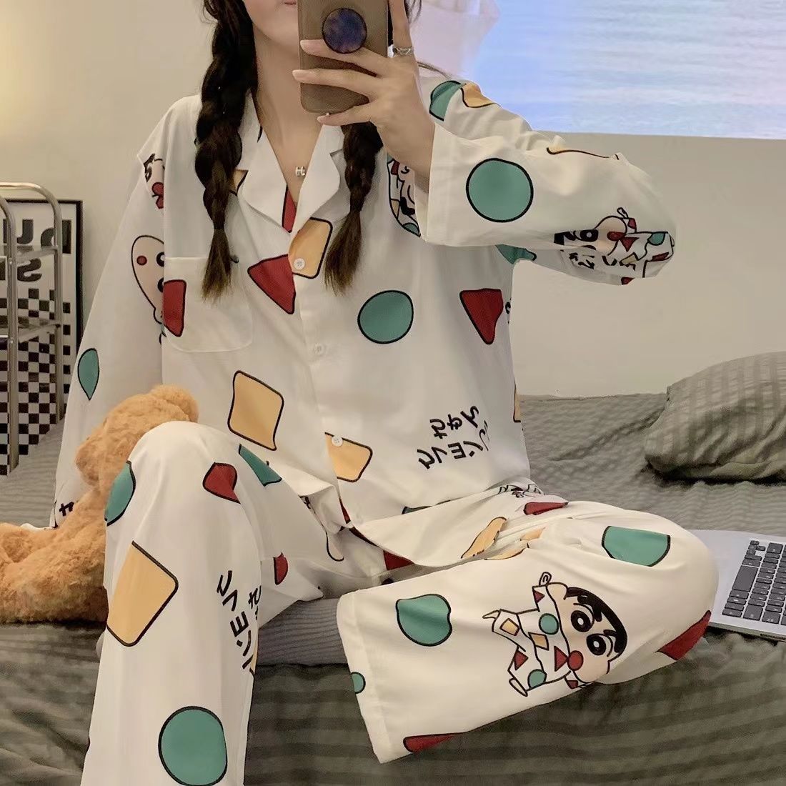 Pajamas female net red new spring and autumn long-sleeved cartoon anime purple Kuromi Japanese girl suit home clothes trend