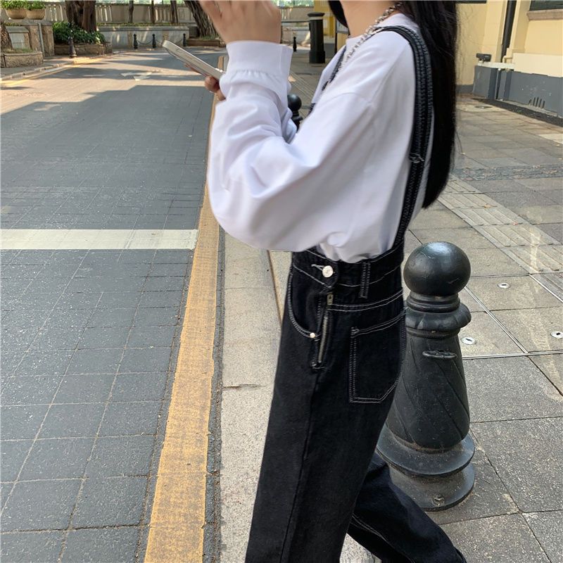 Black high waist denim overalls spring  new Korean version loose slim straight trousers women's ins trend