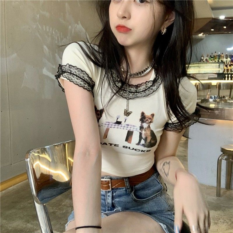 European and American hot girl top female student tight-fitting big lace lace short-sleeved t-shirt summer short sexy shirt