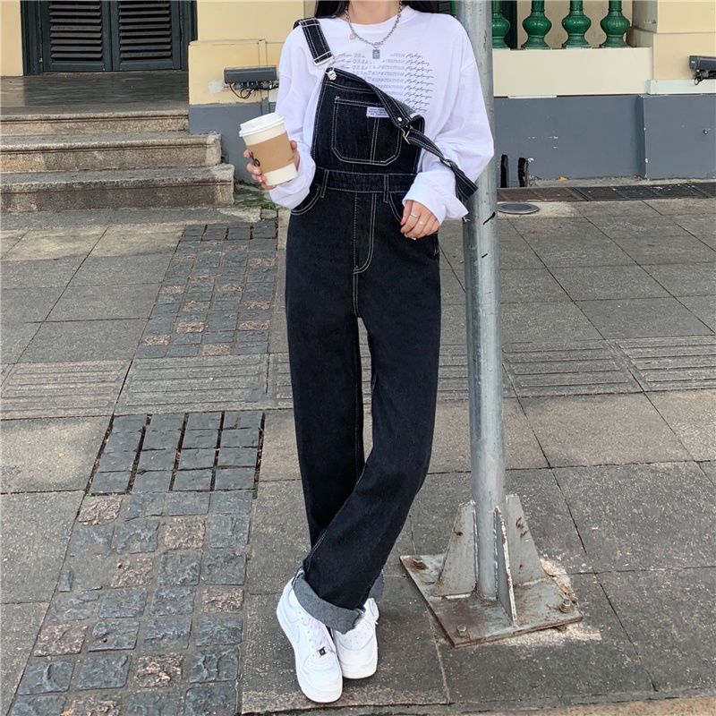 Black high waist denim overalls spring  new Korean version loose slim straight trousers women's ins trend