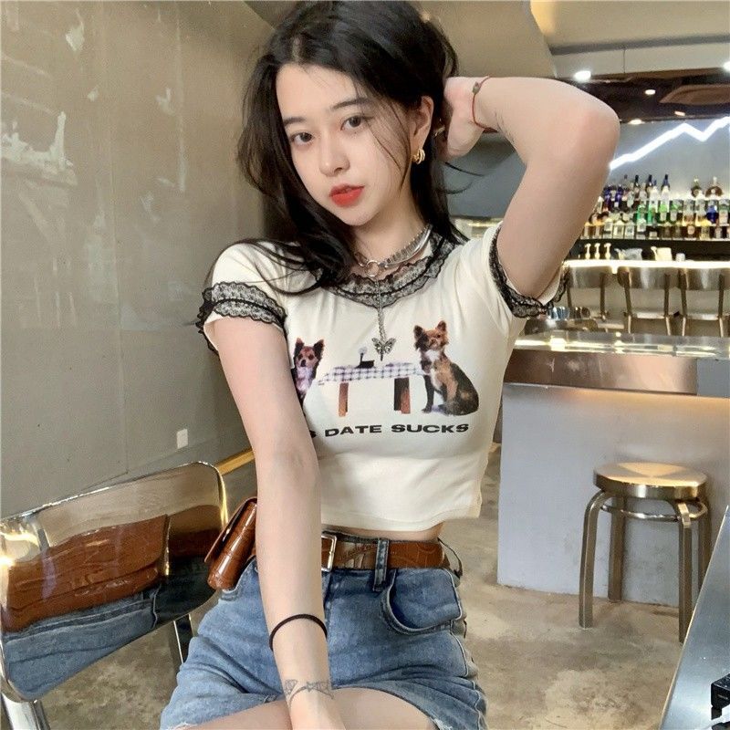 European and American hot girl top female student tight-fitting big lace lace short-sleeved t-shirt summer short sexy shirt