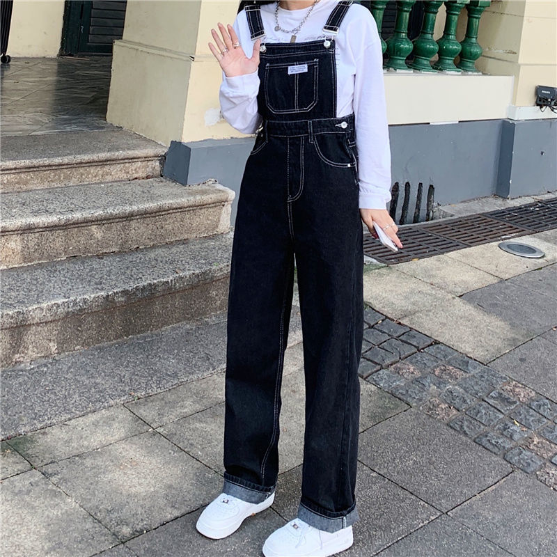 Black high waist denim overalls spring  new Korean version loose slim straight trousers women's ins trend