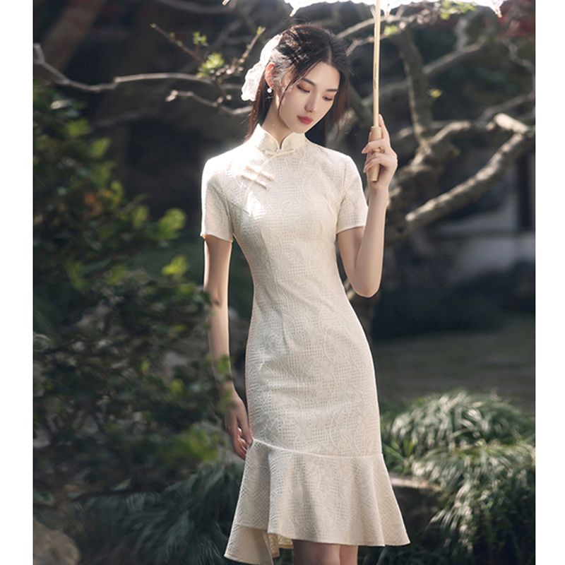 改良旗袍女夏2022年新款日常年輕款少女復古小個子魚尾連衣裙夏季