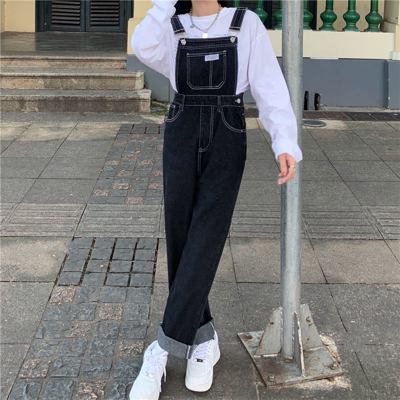 Black high waist denim overalls spring  new Korean version loose slim straight trousers women's ins trend