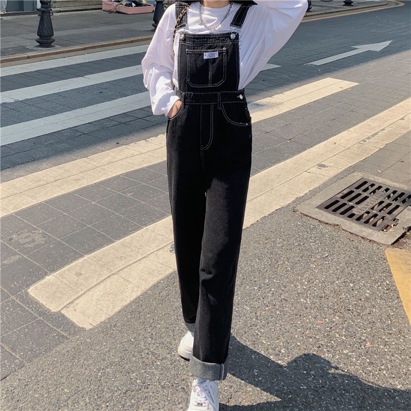 Black high waist denim overalls spring  new Korean version loose slim straight trousers women's ins trend