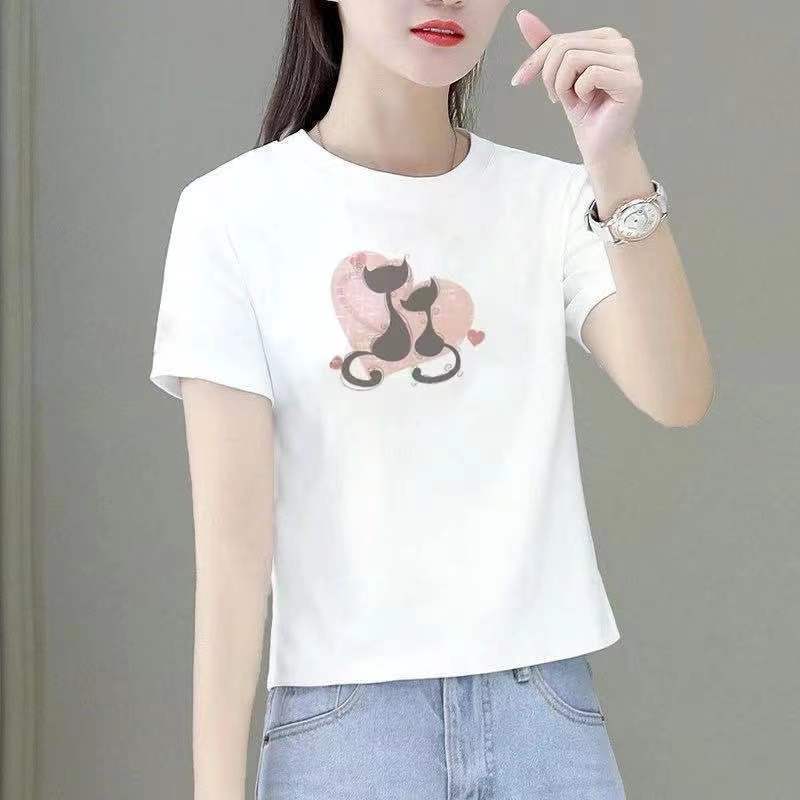 100纯锦白色2022新款t恤女短款t恤上衣女士夏季百塔短袖印花小众
