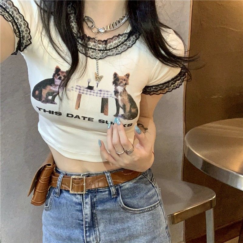 European and American hot girl top female student tight-fitting big lace lace short-sleeved t-shirt summer short sexy shirt