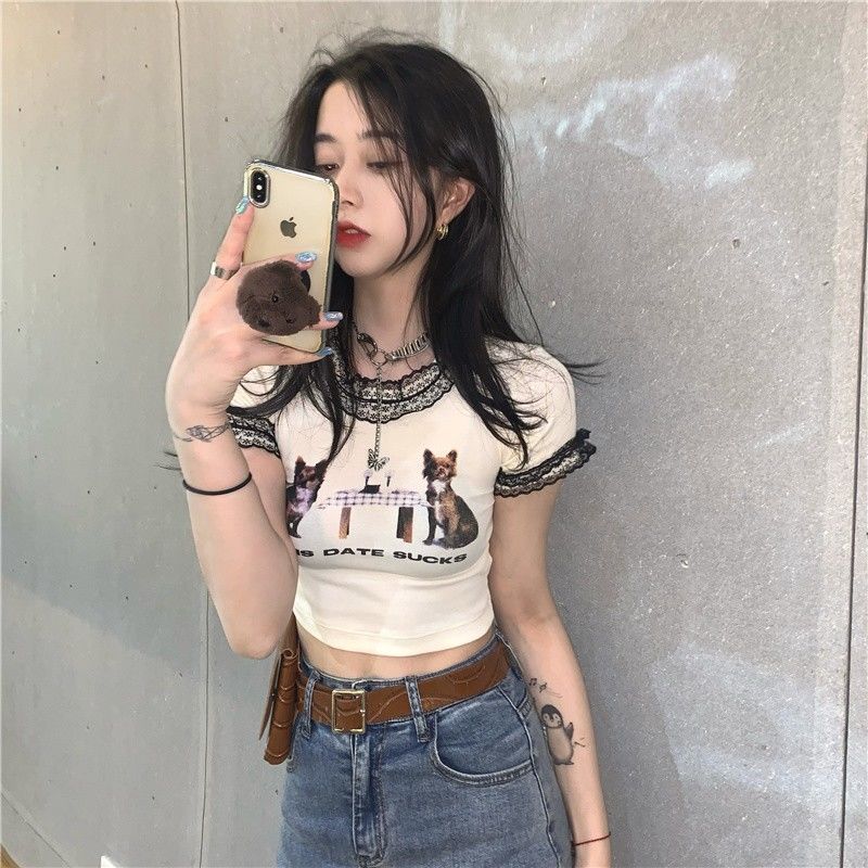 European and American hot girl top female student tight-fitting big lace lace short-sleeved t-shirt summer short sexy shirt