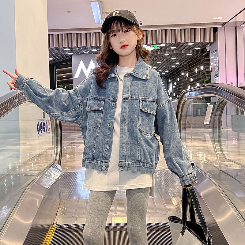 Girls' denim jacket Spring and Autumn Middle-aged and old children's Korean style trendy fried street jacket trendy children's clothing children's foreign style denim clothing for girls