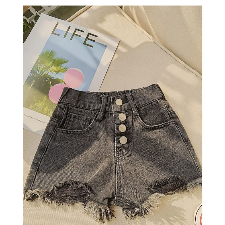 Girls' denim shorts summer clothes 2022 outer wear new pants children's summer raw edge pants middle and big children's hot pants thin section