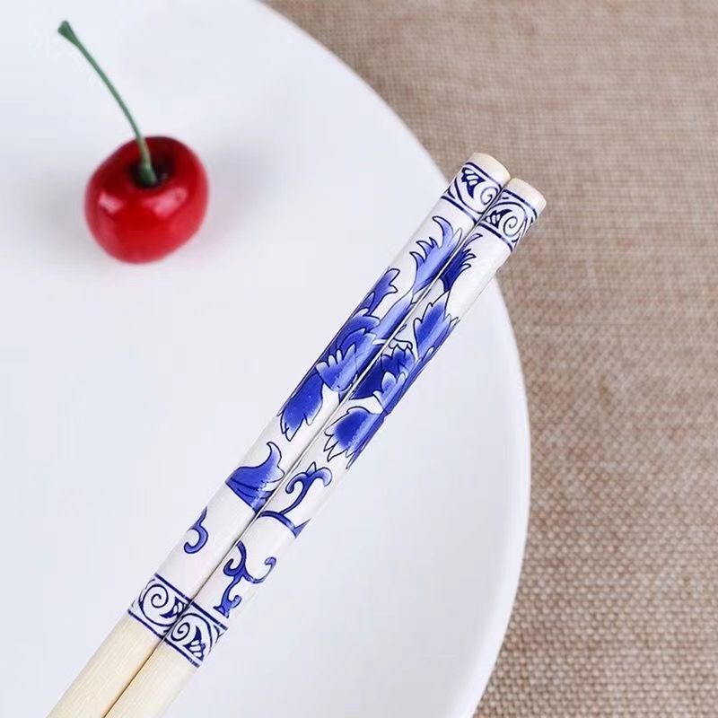 一次性竹筷子套青花瓷图案红色套花筷碳化筷独立包装高档加长加粗
