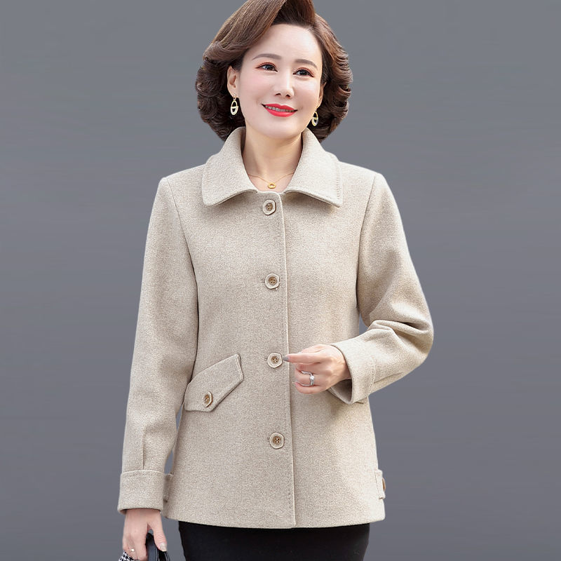 中年妈妈春装短款毛呢外套上衣中老年女装春秋季时尚外衣呢子大衣