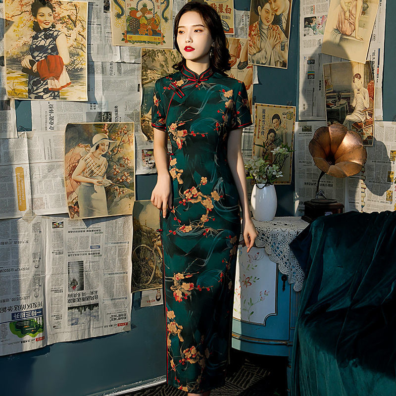 香芸纱改良旗袍长款军阀太太女士复古显瘦连衣裙春夏新款老上海