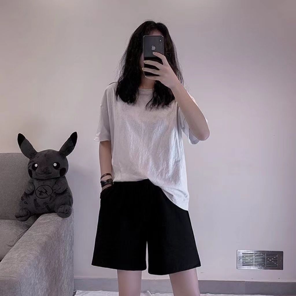 Black five-point casual sports shorts for female students Korean style loose new versatile outer wear high-waisted wide-leg pants for women summer