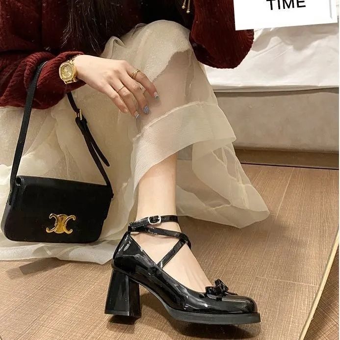 女鞋交叉蝴蝶結瑪麗珍鞋女英倫風小皮鞋女2022春新款高跟單鞋子女