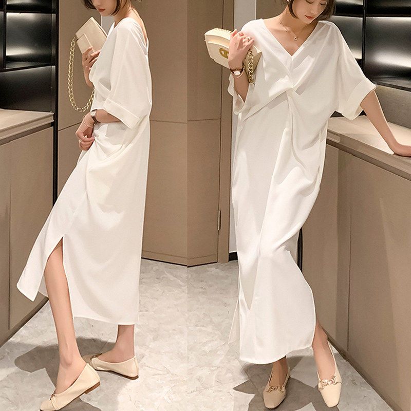 Fat MM extra large size 300 catties kink T-shirt skirt summer loose hidden meat showing thin open back V-neck dress super long skirt
