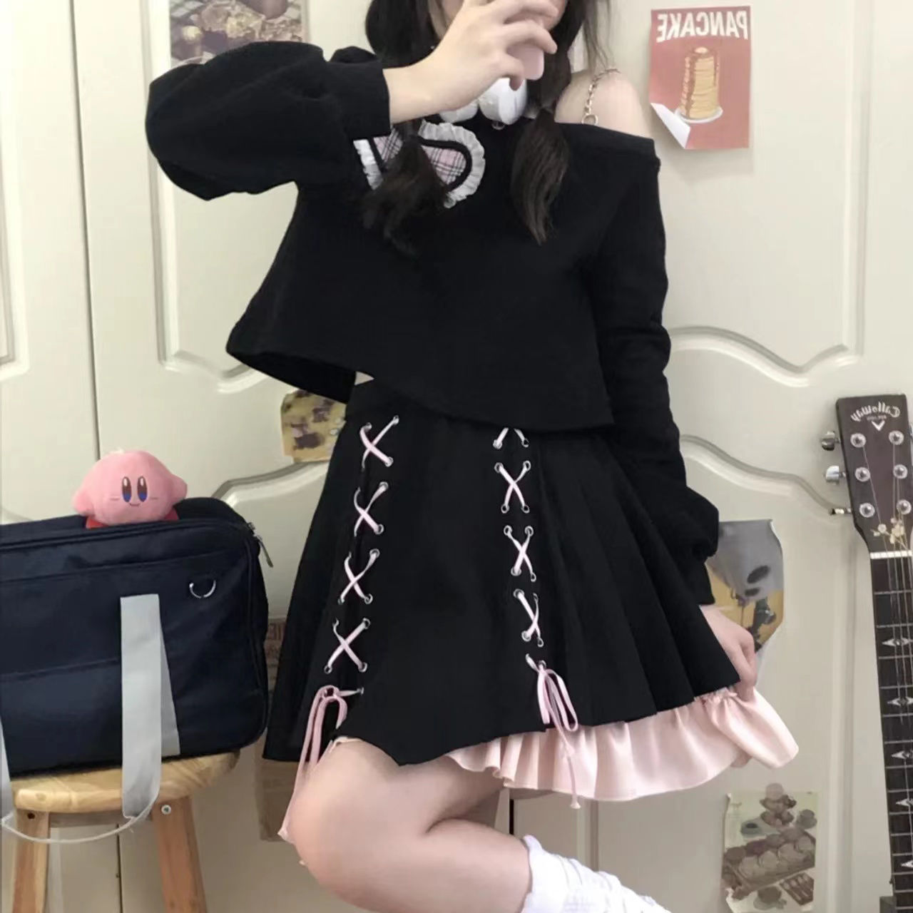 甜辣黑粉套裝裙短款百搭上衣高腰半身裙可愛日系辣妹少女兩件套