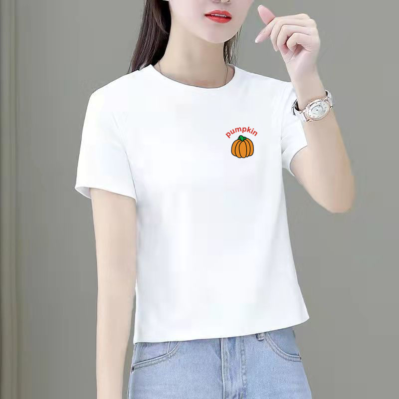 纯棉100%新款短袖短款小个子圆领t恤女夏装韩版宽松显瘦高腰上衣