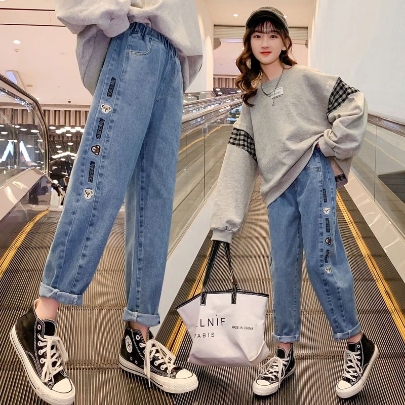 女童牛仔褲春秋外穿洋氣大童時髦寬鬆春季休閒小學生春裝兒童褲子