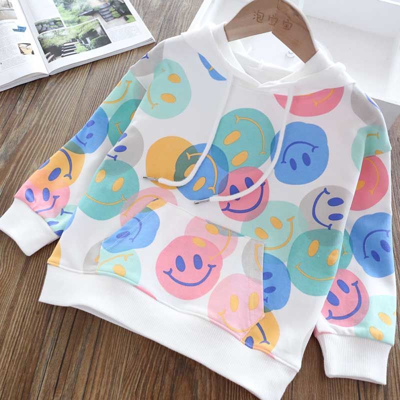 Girls spring and autumn 2022 new children's hooded casual smiley pattern sweater Korean version small and medium children's pullover top