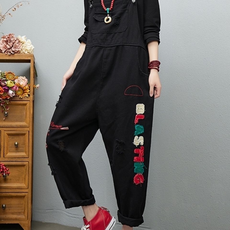 European fashion patch casual denim overalls early autumn large size loose retro literary personality jumpsuit trousers