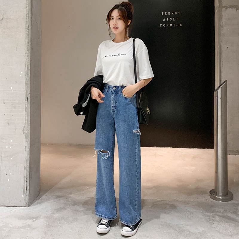 Ripped jeans women's 2022 spring and autumn new high-waist drape slim straight-leg mopping pants loose wide-leg pants trousers