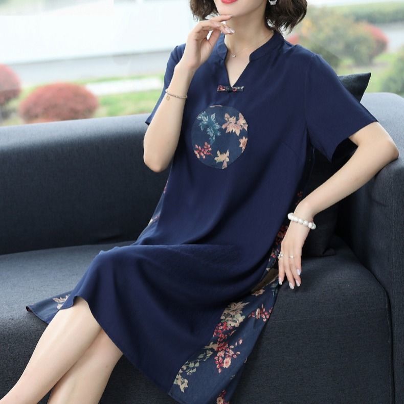  new mother's dress summer skirt noble temperament cheongsam middle-aged and elderly women's short-sleeved dress mid-length