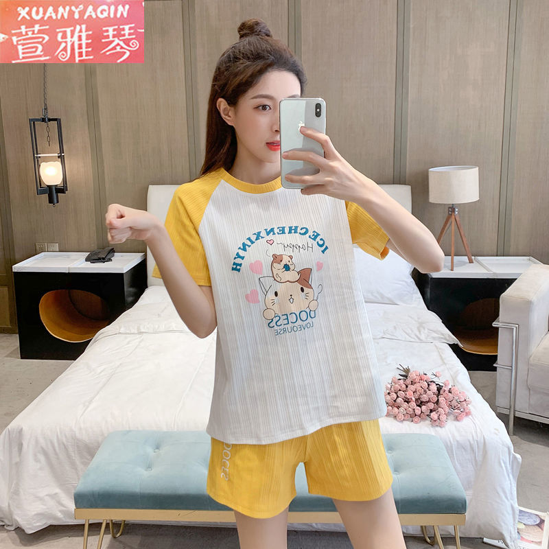 2022 new pajamas women's summer thin section sweet cartoon student short-sleeved women's large size can be worn outside home clothes set