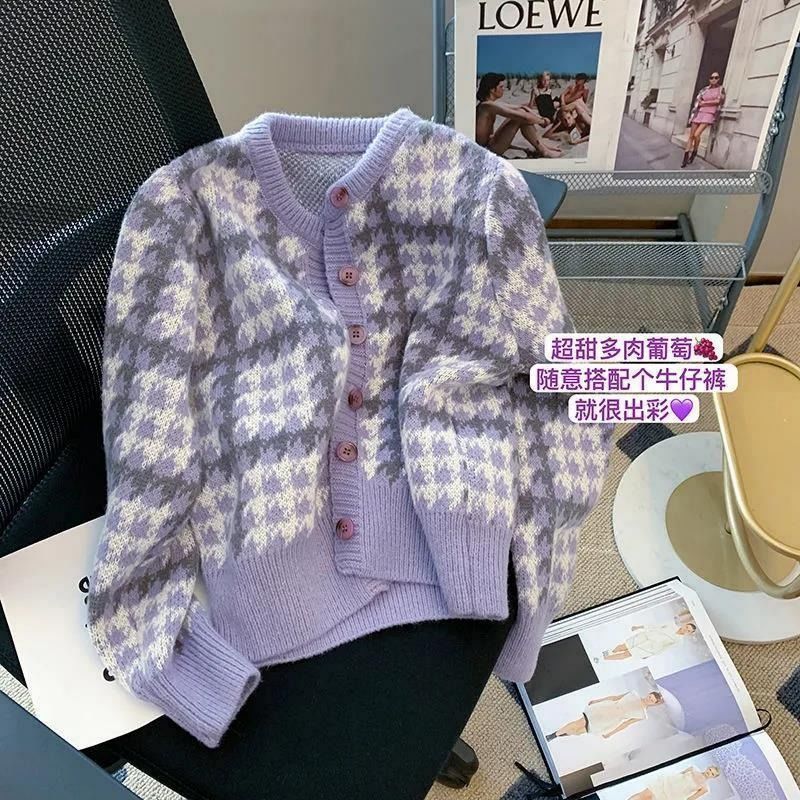 日系短款紫色毛衣女秋冬寬鬆外穿慵懶風復古溫柔軟糯開衫加厚外套
