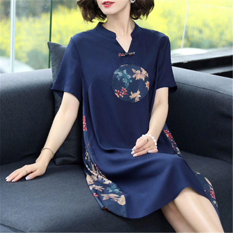  new mother's dress summer skirt noble temperament cheongsam middle-aged and elderly women's short-sleeved dress mid-length