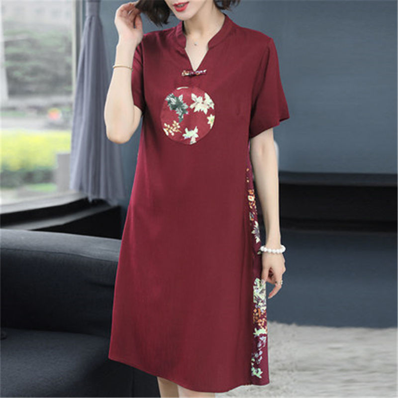  new mother's dress summer skirt noble temperament cheongsam middle-aged and elderly women's short-sleeved dress mid-length