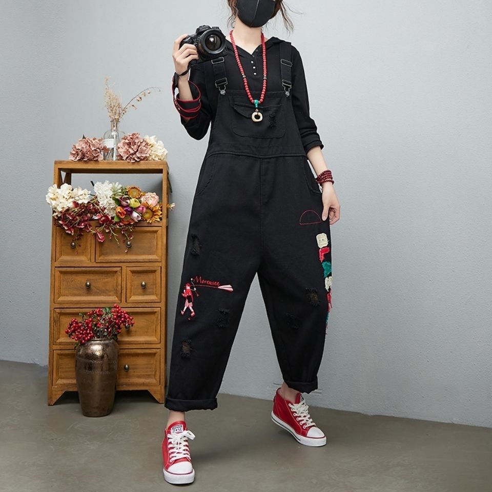 European fashion patch casual denim overalls early autumn large size loose retro literary personality jumpsuit trousers