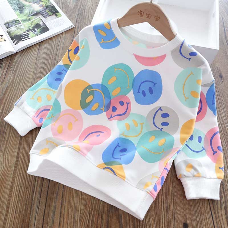 Girls spring and autumn 2022 new children's hooded casual smiley pattern sweater Korean version small and medium children's pullover top