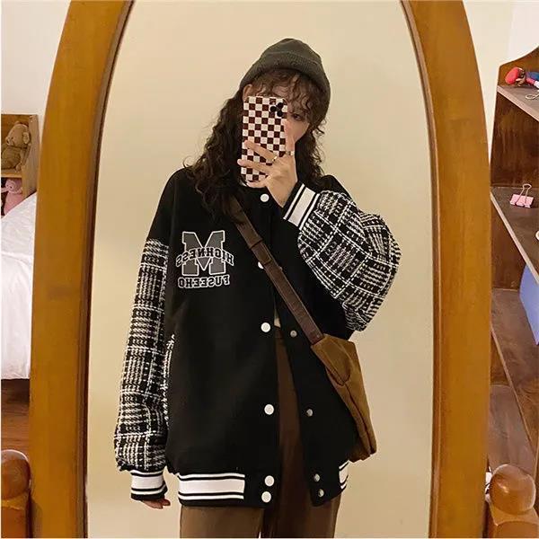  autumn new Korean style splicing plaid stand collar baseball jacket jacket female student all-match workwear top